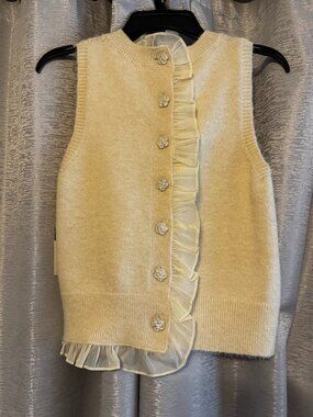 Peach Love California Cream Ruffle Sweater Vest (Med) Floral Button Cardigan NWT